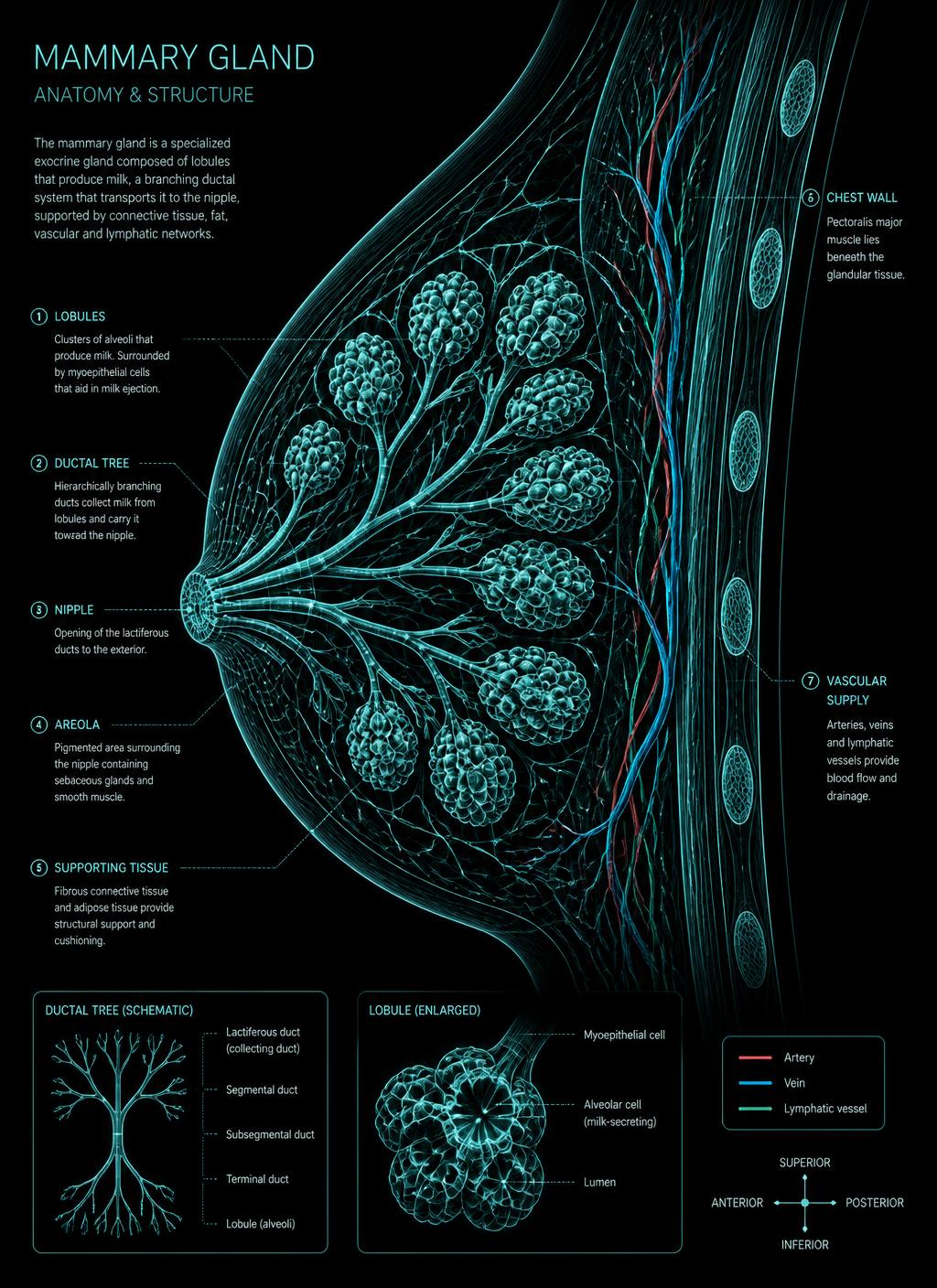 Anatomical diagram of the mammary gland, ductal tree and vascular supply
