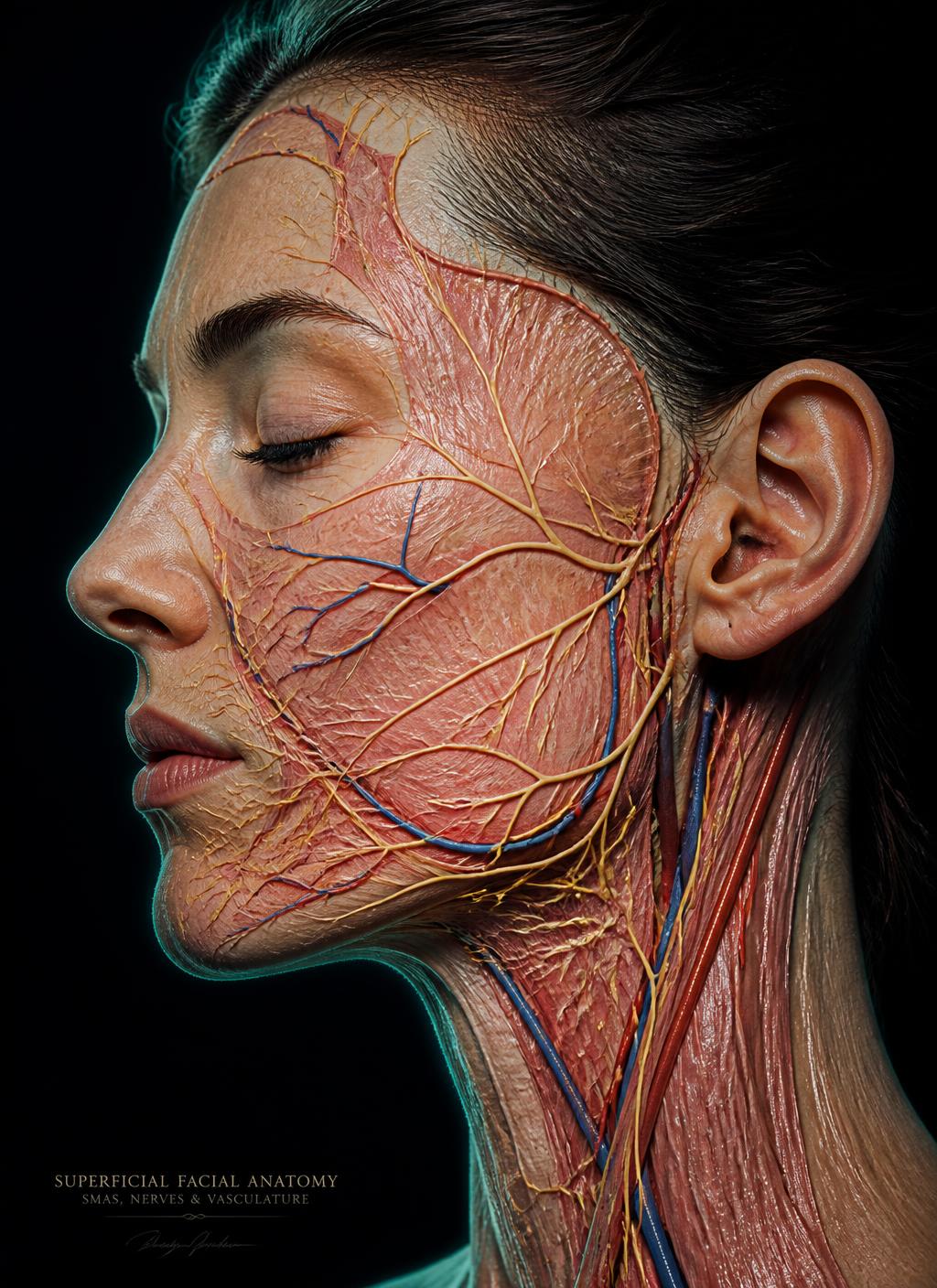 Facial anatomy dissection study showing SMAS, nerves and vessels